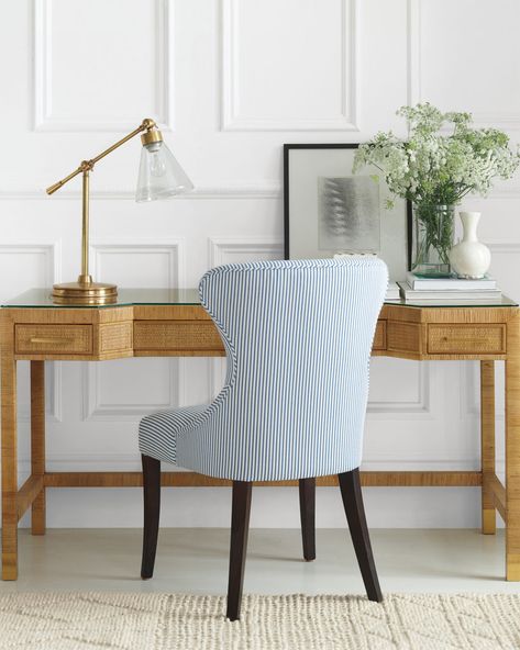 Wednesday Watch List / Gorgeous blue and white coastal office with striped office chair and rattan desk. #office #coastaldecor #officedecor Desks For Small Spaces, Southern Living Homes, Console Desk, Serena And Lily, Best Desk, New York Apartment, Serena & Lily, Balboa, Southern Living