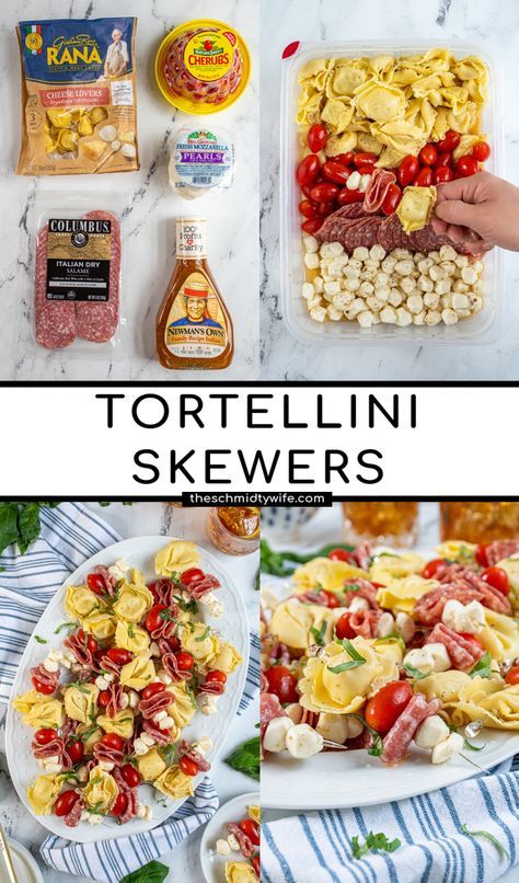 Easy Tortellini Appetizers, Tortellini Recipes Appetizers, Tortellini On A Stick, Tortellini Pasta Skewers, Summer Time Party Food, Best Appetizers For Parties Finger Foods, Tortellini Skewers Italian Dressing, Tortalini Appetizers, Mini Italian Skewers