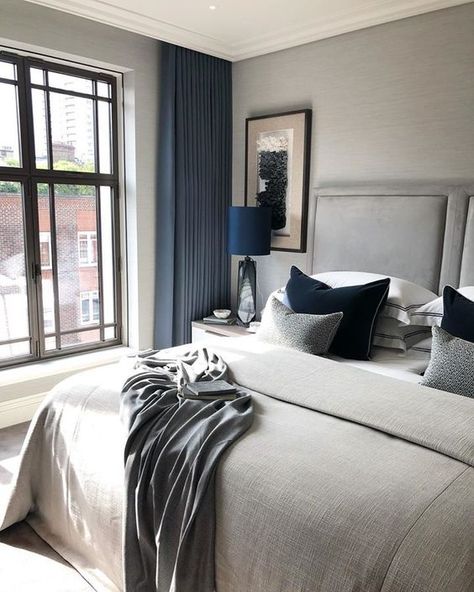 a dove grey bedroom with bold blue touches shows off luxury and beauty Dove Grey Bedroom, Sophie Paterson Interiors, Sophie Paterson, Bedroom Contemporary, Masculine Bedroom, Sanctuary Bedroom, Grey Bedroom, Gray Bedroom, Blue Bedroom