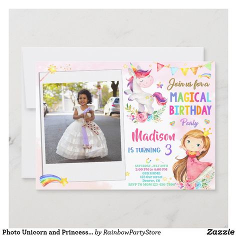 Join us for a magical birthday party! Magic unicorn and princess birthday invitation Watercolor royal invitation Magical invitation Magical birthday invitation. Invite your friends with this cute watercolor magical theme invitation! This princess invitation features happy unicorn and a little princesses in pink dress, colored garland at the top, some flowers and lots of rainbows around. Royal Theme Party, Rainbow Unicorn Birthday Invitations, Royal Birthday Party, Fairy Invitations, Unicorn Birthday Invitation, Rainbow Birthday Invitations, Princess Birthday Invitations, Magic Party, Magical Birthday