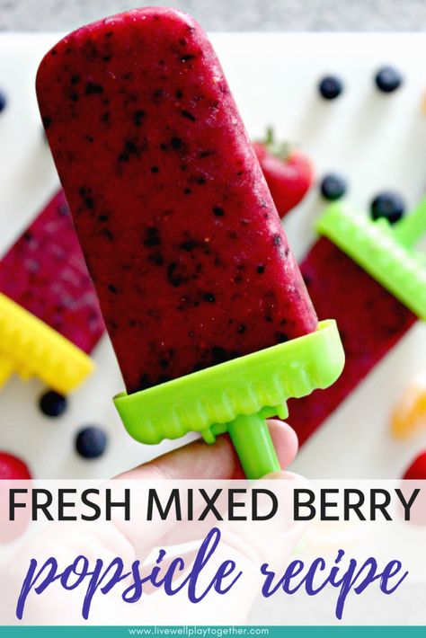 Homemade Strawberry-Blueberry Popsicles from Live Well Play Together. These homemade mixed berry pops are the perfect treat to cool off during the summer. Quick, healthy, and kid-friendly! #popsicles #frozenpops #icepops #healthysnacks #summersnacks #summerfood #strawberries #blueberries #kidfriendlyrecipes Home Made Popsicles Healthy, Popsicle Recipe For Kids, Blueberry Popsicles, Fruit Popsicle Recipes, Homemade Fruit Popsicles, Berry Popsicles, Frozen Popsicles, Healthy Popsicle Recipes, Strawberry Popsicles