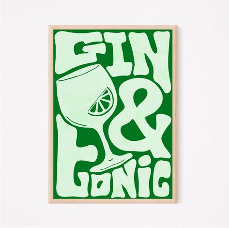 "High quality print in A4 & A3 Print size options Gin & Tonic Wall Art - Cocktail Print Let me know if you have any questions or hit me up on Instagram @the_teflon_dan A playful and funky font is used to spell out the words \"gin and tonic\" in a stylish manner, adding an artistic flair to the piece. The letters are intertwined with decorative elements, reminiscent of botanicals found in gin distillations, further emphasizing the drink's complex flavor profile." Drinks Wall Art, Gin Tonic Illustration, Drink Poster Design, Kaos Design, Tonic Cocktails, Cocktail Wall Art, Art Cocktail, Illustrated Poster, Funky Fonts