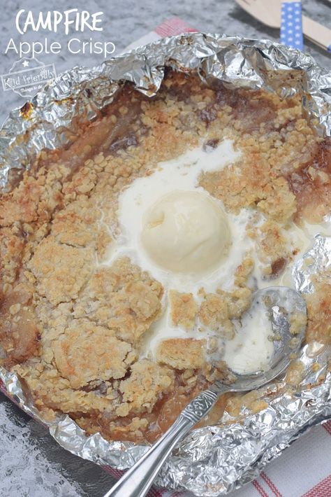 This Campfire Apple Crisp Recipe is so easy to make at the campground. Using canned apple pie filling as a shortcut will free up your time to enjoy your time with family. This delicious apple filling and streusel topping, placed in a foil packet, is perfect for the backyard grill, the oven, or the campfire grill. www.kidfriendlythingstodo.com Campfire Apple Crisp, Canned Apple Pie, Apple Pie Filling Recipes, Campfire Desserts, Backyard Grill, Campfire Grill, Canned Apple Pie Filling, Apple Crisp Recipe, Pie Filling Recipes