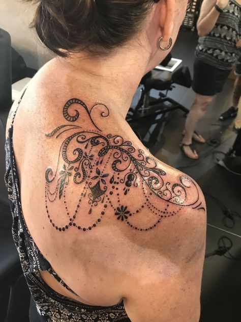 Lace Jewel Tattoo, Women Shoulder Tattoo Ideas Unique, Lace Flower Tattoos, Lace Thigh Tattoos, Rose Tattoo Behind Ear, Top Of Shoulder Tattoo, Positivity Tattoo, Chandelier Tattoo, Mandala Tattoos For Women