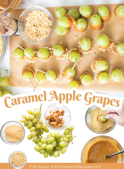 Caramel Apple Dessert Ideas Apple Dessert Ideas, Caramel Apple Grapes, Fall Chex Mix Recipes, Caramel Apple Treats, Grape Appetizers, Caramel Apple Dessert, Fall Finger Foods, Grape Dessert, Caramel Apple Desserts