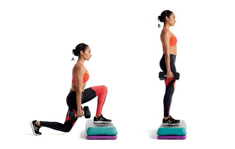 DEFICIT REVERSE LUNGE http://www.womenshealthmag.com/fitness/best-leg-exercises-for-results/slide/3 Leg Day Exercises, Exercises With Dumbbells, Full Leg Workout, Best Leg Workout, Leg Workout Routine, Leg Workout At Home, Ab Core Workout, Squats And Lunges, Inner Thigh Workout