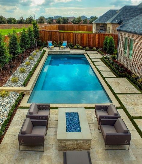 Rectangular Pool With Fire Pit, Texas Pool Landscaping, Fire Pit In Pool, Geometric Pool Designs, Inground Pool Slides, Tanning Ledge Pool, Luxury Pools Backyard, Dog Swimming Pools, Amazing Swimming Pools