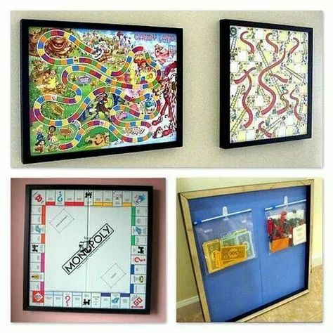 Great idea! Frame your board games, attach games pieces to the back in Ziploc baggies,  and hang on the playroom walls as decoration:) love it! Uppfostra Barn, Board Game Room, Board Game Storage, Hangout Room, Game Room Family, Game Storage, Game Room Ideas, Games Design, Loft Ideas