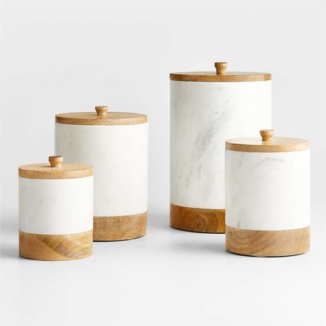 Large Glass Canisters, Modern Kitchen Canisters, Wood Canisters, White Marble Kitchen, Dry Food Storage, Crate Barrel, Marble Wood, Glass Canisters, Wood And Marble