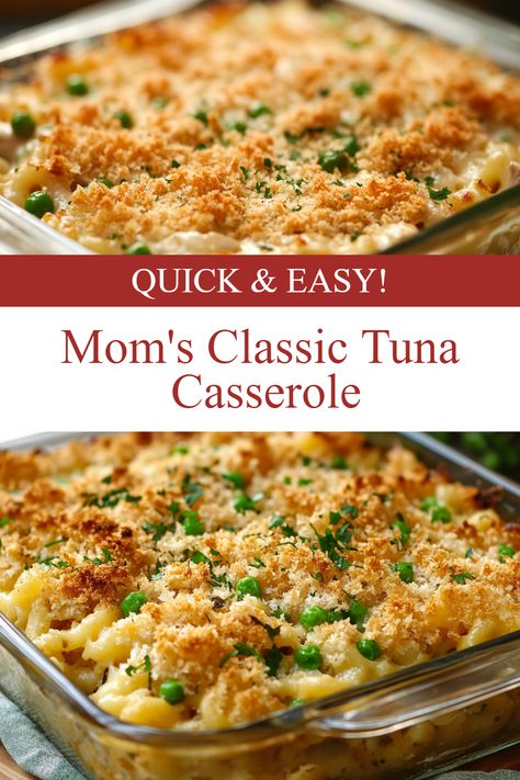 A delicious-looking classic tuna casserole with overlay text that reads "mom's classic tuna casserole," showcasing the best tuna casserole and a go-to recipe among tuna casserole recipes for a tasty tuna noodle casserole. Tuna Noodle Cassarole, Tunafish Casserole, Chicken Noodle Casserole Easy, Cheesy Tuna Noodle Casserole, Best Tuna Casserole, Fancy Meals, Popular Casseroles, Tuna Noodle Casserole Recipe, Tuna Casserole Easy