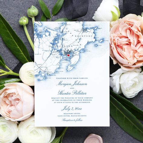 Wedding On The Water, Hammond Castle, Navy Wedding Invitation, Map Wedding Invitation, Elegant Cape, Blue Map, Cape Ann, Navy Wedding Invitations, Four O Clock