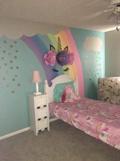 Rainbow Wall Decor Diy, Unicorns Bedroom Ideas, Rainbow Room Paint Ideas, Unicorn Dresser Diy, Unicorn Bedroom Paint Ideas, Rainbow Unicorn Bedroom Girl Rooms, Unicorn Theme Bedroom Ideas, Unicorn And Rainbow Bedroom Ideas, Rainbow Unicorn Bedroom Ideas