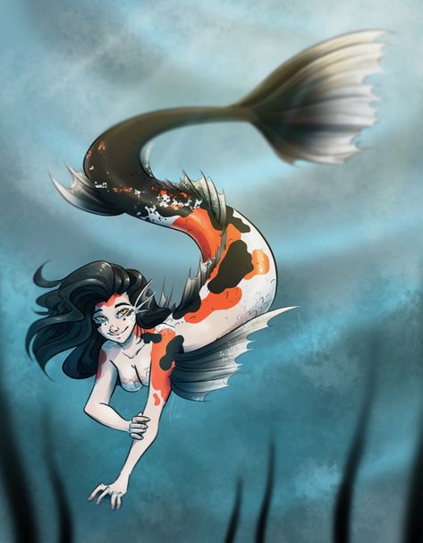 Mermen Art, Mermay Inspiration, Merfolk Art, Mythical People, Koi Mermaid, Mermaid Concept, Mer People, Japanese Mythical Creatures, Cartoon City