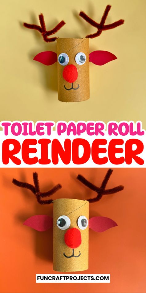 The toilet Paper Roll Reindeer craft is an adorable, easy Christmas craft for kids! This simple DIY reindeer craft uses toilet paper rolls, brown pipe cleaners, googly eyes, and a red pom-pom nose for a fun holiday craft project. Ideal for preschoolers and toddlers, this reindeer craft with construction paper and a black marker creates festive Christmas tree decorations your kids will love. Make cute Christmas ornaments or DIY reindeer decorations with this budget-friendly holiday craft. Indoor Christmas Activities, Craft With Construction Paper, Paper Roll Reindeer, Rudolph Crafts, Diy Reindeer, Fun Holiday Crafts, Candy Cane Crafts, Christmas Toilet Paper, Construction Paper Crafts