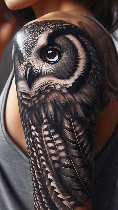 Half Sleeve Owl Tattoos For Women, Owl Tatoos Woman, Realistic Owl Tattoo For Women, Owl Neck Tattoo, White Owl Tattoo, Owl Feather Tattoos, Colorful Owl Tattoo, Realistic Owl Tattoo, Owl Tattoo Drawings