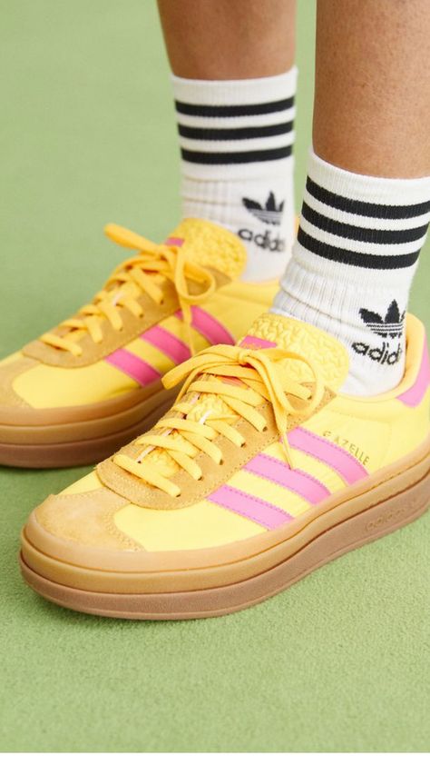 Adidas Bold, Adidas Gazelles, Gazelle Bold, Adidas Originals Gazelle, Pretty Sandals, Streetwear Shoes, Colorful Shoes, Yellow And Pink, Swag Shoes