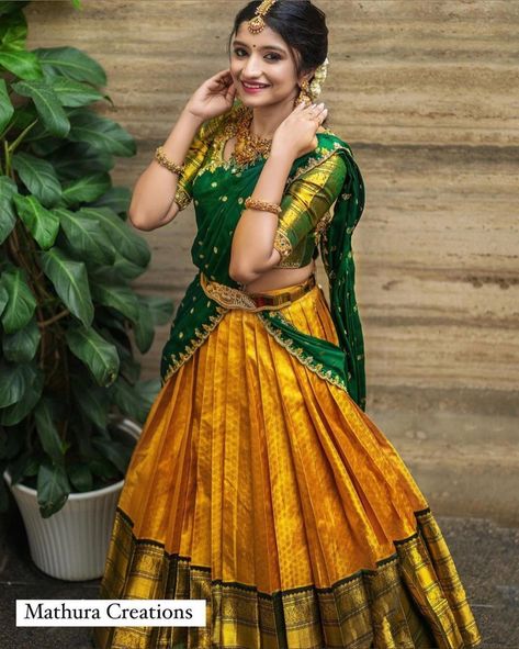 Pythani Pattu Lehanga, Half Saree Function Photo Poses, Pattu Half Saree Blouse Designs, Dhavani Half Saree Color Combos, Half Sarees Latest Designs, Half Saree Models Latest, Saree Ghagra, Langa Voni Half Saree, Long Skirt Top Designs