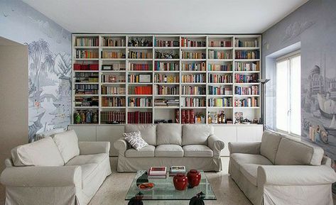 Bookshelf Behind Couch, Floor To Ceiling Bookshelves, Kirkland Home Decor, Exclusive Wallpaper, Ikea Inspiration, Small Space Interior Design, Behind Couch, Modern Mural, Bookshelves In Living Room