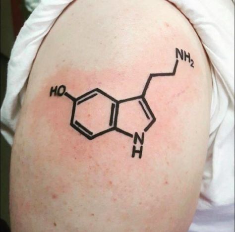 Adrenaline Tattoo Ideas, Serotonin Chemical Structure, Chemical Structure Tattoo, Igy6 Tattoo, Serotonin Tattoo, Side Thigh Tattoos, Tattoo Uk, Awareness Tattoo, Basic Tattoos