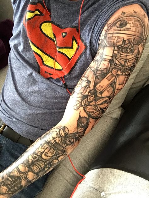 Geek Sleeve Tattoo, Nerd Tattoo Sleeve, Robocop Tattoo, Transformers Tattoo, The Black Knight, Nerd Tattoo, Geek Tattoo, The Tardis, Full Sleeve Tattoo