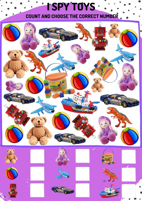 I spy toys: count and choose the correct number worksheet Toys Activities For Kids Worksheets, Toys Worksheets For Kids, Toys Worksheets, Toys Worksheet, Spy Toys, Activities In English, Counting Toys, Find The Hidden Objects, Toy Labels