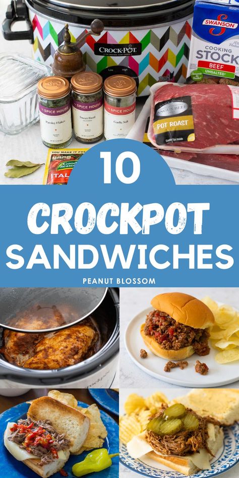 Make the fillings for these easy Crockpot sandwiches right in the slowcooker or freeze them and warm them up in the Crockpot during a busy night or for a sandwich bar at a party. This is a great idea for an open house or football party! Crockpot Italian Chicken Sandwiches, Easy Crockpot Sandwiches, Crockpot Recipes For Sandwiches, Crockpot Sandwiches Recipes, Slow Cooker Sandwiches For A Crowd, Sandwich Crockpot Recipes, Crock Pot Lunch Ideas, Crockpot Pork Sandwiches, Crockpot Sandwich Meat