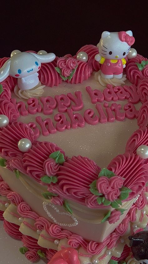 Heart Shaped Hello Kitty Cake, Sanrio Cakes Birthday, Sanrio Heart Cake, Hello Kitty Vintage Cake, Heart Cake Hello Kitty, Hello Kitty Strawberry Cake, Sanrio Bday Party, Hello Kitty Number Cake, 17th Birthday Ideas Cake