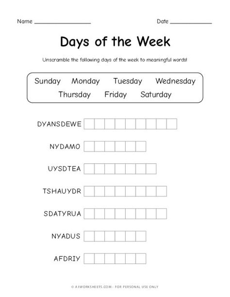 Grade 1 Days of the Week Scramble Worksheets Scramble Words Worksheet, Days Of The Week Worksheet, Scrabble Spelling, How To Spell Words, Printable Worksheets For Kindergarten, Printable Worksheets For Kids, Unscramble Words, Winter Poems, English Grammar Rules