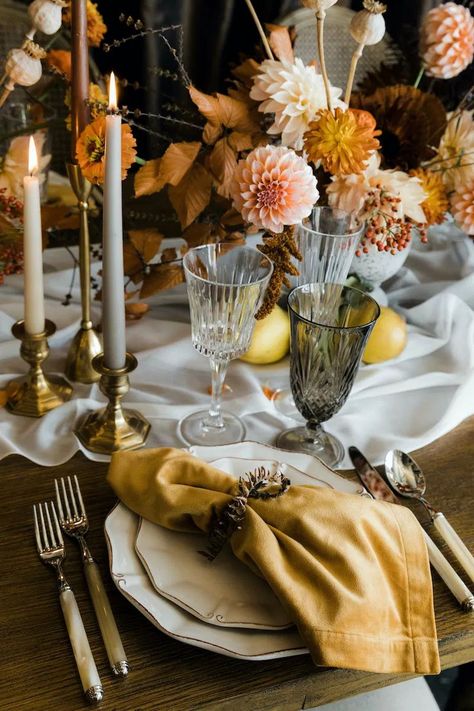 Colored Taper Candles, Thanksgiving Dinner Table, Wedding Table Linens, Wedding Reception Flowers, Autumn Table, Wedding Place Settings, Fall Tablescapes, Thanksgiving Table Settings, Event Table