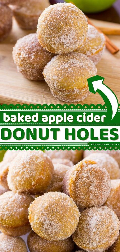 Baked Apple Cider Donut Holes, fall recipes, sweet breakfast ideas, brunch recipes Apple Cider Donut Holes Recipe, Apple Cider Donut Holes, Baked Donut Holes, Donut Hole Recipe, Apple Cider Donuts Baked, Baked Donut, Easy Donuts, Homemade Donuts Recipe, Baked Donut Recipes