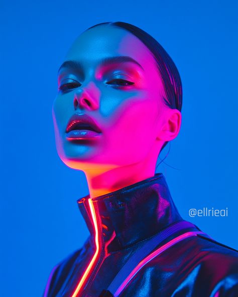 Neon lights ⁠💙⁠ ⁠ ⁠ ⁠ ⁠ #aiimage #aiportrait #aiportraitphotography #aiphoto #aiphotography #portrait #photography #midjourney #neon #neonlights #colorful #cyberpunk #studiophotography Photoshoot With Colored Lights, Blue And Red Light Photography, Color Light Portrait, Cyberpunk Reference Photo, Colored Background Photoshoot, Neon Lighting Portrait, Studio Photography Portrait, Black Light Photography, Cyberpunk Portrait Photography