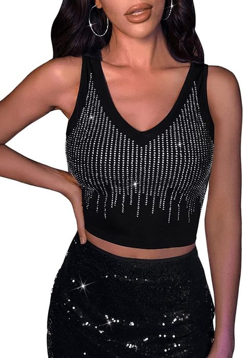 Floerns Women's PU Leather V Neck Sleeveless Solid Camisole Crop Tank Top Black Rhinestone XS at Amazon Women’s Clothing store Janet Jackson Concert, Bold Outfits, Lantern Sleeve Top, Sleeveless Tops Summer, V Neck Tank Top, Spring Shirts, Shein Tops, Ivory White, Girls Jeans