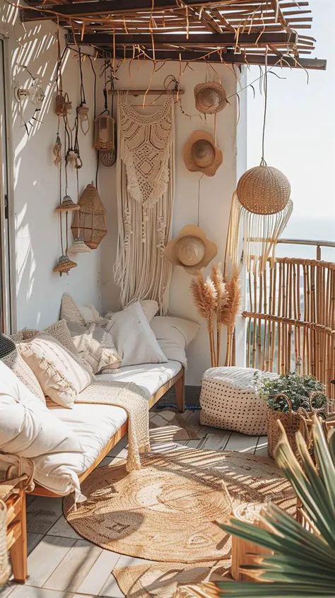 Diy Balcony Decor Ideas, Boho Balcony Decor, Coastal Bathroom Ideas, Balcony Decor Ideas, Boho Balcony, Boho Chic Interior, Balkon Decor, Bathroom Counter Decor, Diy Balcony