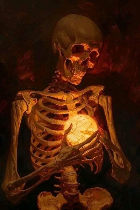 Skeleton Holding Candle, Glowing Skeleton Art, Skeleton Looking Down, Skeleton Laying Down Reference, Skull Looking Down, Skeleton Holding Something, Skull Looking Up, Skeleton Painting Ideas, Reaper Reference