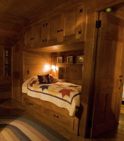 Loved this idea for a kids room in a cabin.  Idea stolen from a cabin built in 1929 called The Roost located in Glendorn in Bradford Pa.  Photo by Valerie Carter. Alcove Bed, Cabin Storage, Bed Idea, Sleeping Nook, Log Cabin Interior, Dream Cabin, Cabin Bedroom, Cabin Bed, Cabin Interiors