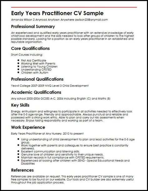 Early Years Practitioner CV Sample | MyperfectCV Cv Sample, Teacher Cv, Cv Example, Writing A Cv, Early Years Practitioner, Cv Tips, Nursery Nurse, Education Resume, Cv Examples