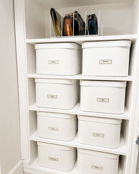 Organizing Boxes In Closet, Storage Containers For Closet, Closet Boxes Organization, Closet Organization Boxes, Purse Organization Closet, Inventory Organization Storage, Bag Closet Storage, Closet Organizer Bins, Rubbermaid Closet Organizer