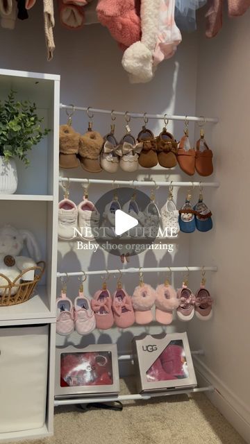 Mary C on Instagram: "Baby shoe organization🩰🎀  #babyshoes #babyshoeorganizer #babyshoeorganization #babyshoehacks #baby #babyideas #nestwithme #nesting #nestingtime #pregnancyjourney #pregnancyideas #nursery #nurserydecor #nurseryideas #nurseryhacks" Nursery Shoe Organization, Organize Baby Shoes, Baby Shoe Organization, Baby Shoe Storage, Nursery Hacks, Shoe Organization, Nursery Closet, Hat Organization, Nursery Room Inspiration