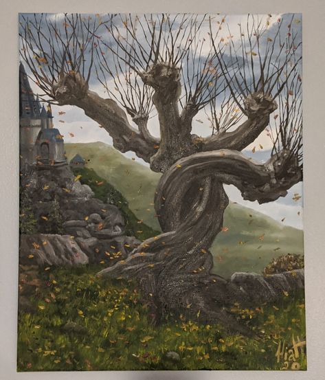 Harry Potter whomping willow oil painting Harry Potter Oil Painting, Whomping Willow Drawing, Harry Potter Whomping Willow, Harry Potter Flying Car, Painting Harry Potter, Whomping Willow, Harry Potter References, Harry Potter Voldemort, Magical Paintings