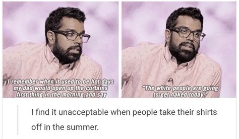 Mock the Week, Romesh Ranganathan / @Chelsochist Romesh Ranganathan, Mock The Week, I Remember When, White People, Rayban Wayfarer