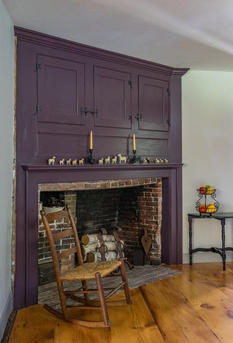 Purple Fireplace, Purple Farmhouse, Country Farmhouse Decor Kitchen, Historic Farmhouse, Farmhouse Tour, Old Fireplace, Country Cottage Decor, Unusual Homes, Living Modern