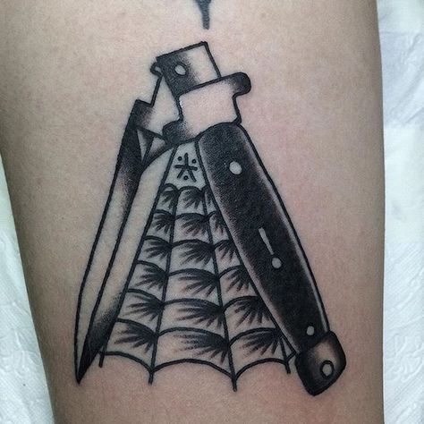 Traditional Pocket Knife Tattoo, Traditional Switchblade Tattoo, Pocket Knife Tattoo, Switch Blade Tattoo, Knife Tattoos, Traditional Nautical Tattoo, Traditional Black Tattoo, Blade Tattoo, 12 Tattoos