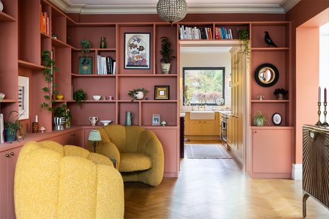 pink bookcase Pink Bookcase, Colorful Bookshelves, Home Bookshelves, Internal Sliding Doors, Bespoke Kitchen Design, Pink Living Room, Built In Furniture, Simple Room, Living Room Shelves