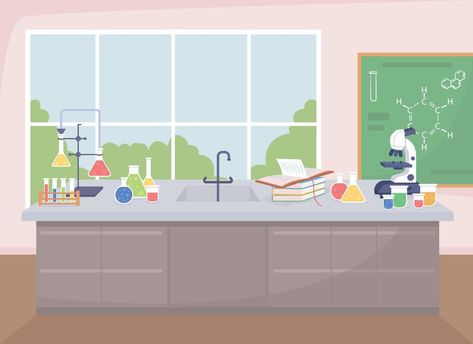 School Chemistry Lab, Lab Illustration, Baking Wallpaper, Chemistry Lab, Chemistry Labs, School Room, Science Lab, Cartoon Background, Color Vector