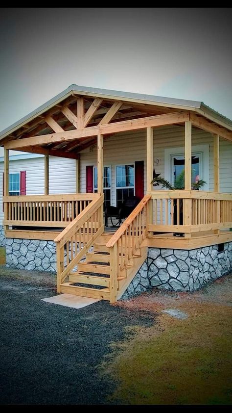 Double Wide Covered Front Porch, Adding A Front Porch To A Modular Home, Modular Home Back Porch Ideas, Decks And Porches For Mobile Homes, Porch Underpinning Ideas, Farmhouse Mobile Home Exterior, Mobile Home Decks And Porches, Mobile Home Landscaping, Mobile Home Deck