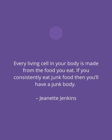 Every living cell in your body is made from the food you eat. If you consistently eat junk food then you’ll have a junk body. – Jeanette Jenkins Sounds intuitive, but we know it's a challenge! So before you take a bite out of any junk food this week, think about your hardworking cells! Happy Monday to all! Quotes About Food Cravings, Junk Food Quotes Motivation, No More Junk Food Motivation, Organic Food Quotes, Self Control Quotes, Jeanette Jenkins, Control Quotes, Health Fitness Quotes, Eating Quotes