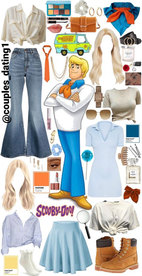 A collage of clothing used to create a Fred (Scooby Doo) costume for Halloween. DIY. Lots of blue, and white shirts. Group costume. Fred Costume From Scooby Doo Women, Diy Fred Costume Scooby Doo, Fred Inspired Outfit Scooby Doo, Fred Outfits Scooby Doo, Female Fred Scooby Doo Costume, Mystery Inc Costumes, Scooby Doo Characters Costumes, Scoby Doby Doo Halloween Costumes, Fred Scooby Doo Costume Girl