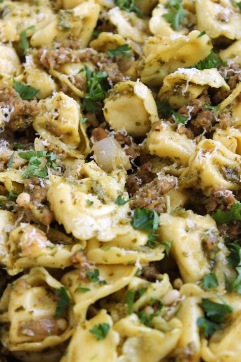 Skillet Tortellini with Sausage and Pesto | The Suburban Soapbox Sausage Pesto Tortellini, Pesto Tortellini With Sausage, Pesto Pasta With Italian Sausage, Tortellini Sausage Pasta, Italian Sausage Pesto Pasta, Pesto Sausage Pasta, Sausage Pesto Pasta, Skillet Tortellini, Tortellini With Sausage