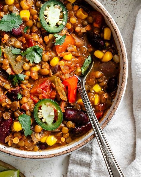 This Lentil Bean Chili is incredibly hearty and so delicious! It's really simple to make and packed with nutrition in every bite. Whip this Lentil Bean Chili into your rotation of meals this week! Bean And Lentil Chili, Lentil Tacos Recipes, Lentil Chili Recipe, Lentil Tacos, Lentils Beans, Lentil Chili, Plant Based Recipes Dinner, Plant Based Dinner, Chili Soup