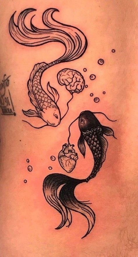 Pisces Wolf Tattoo, Yin Yang Koi Tattoo Design, Yin Yang Unique Tattoo, Yin Yang Koi Fish Spine Tattoo, Yin Yang Pisces Tattoo, Ying Yang Pisces Tattoo, Coi Fish Ying Yang Tattoo, Koi Fish Ying Yang Tattoo, Ying Yang Tattoo Designs